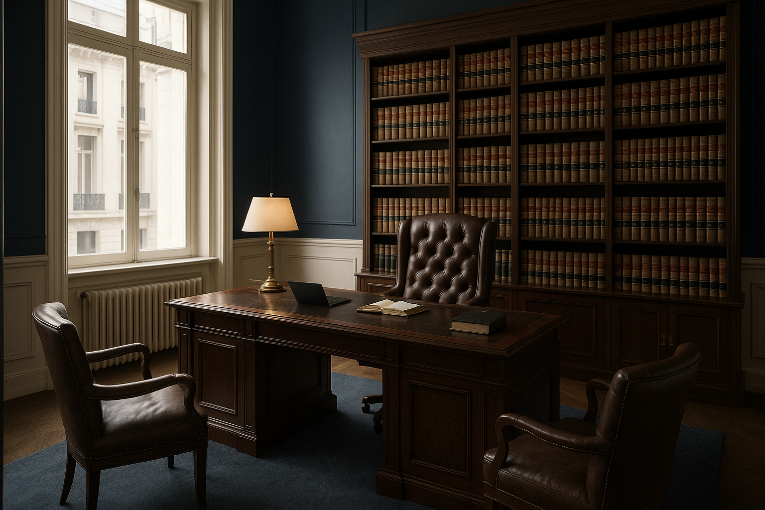 Oficina de abogados con estantería de libros jurídicos en tonos navy e ivory