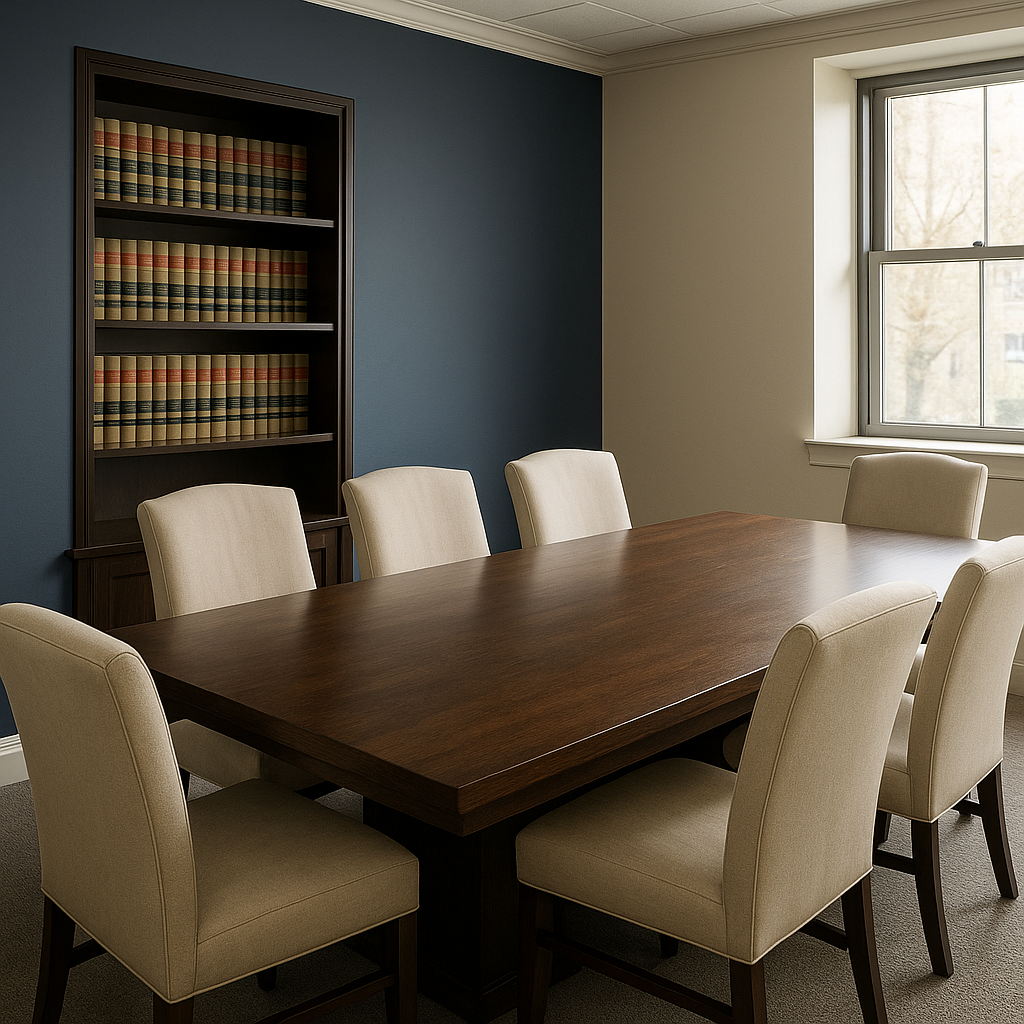 Sala de reuniones del estudio jurídico con mesa de madera oscura y sillones ivory