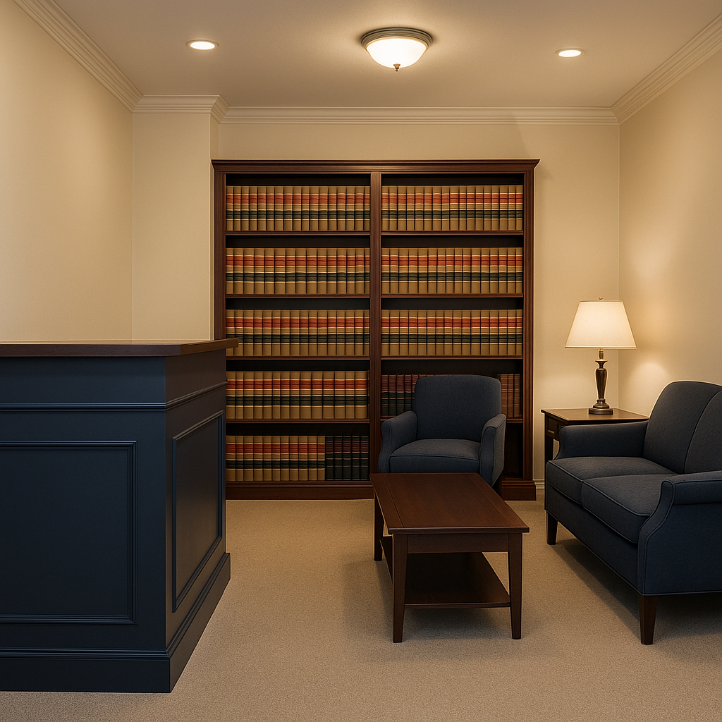Recepción del estudio con biblioteca de derecho y luz natural