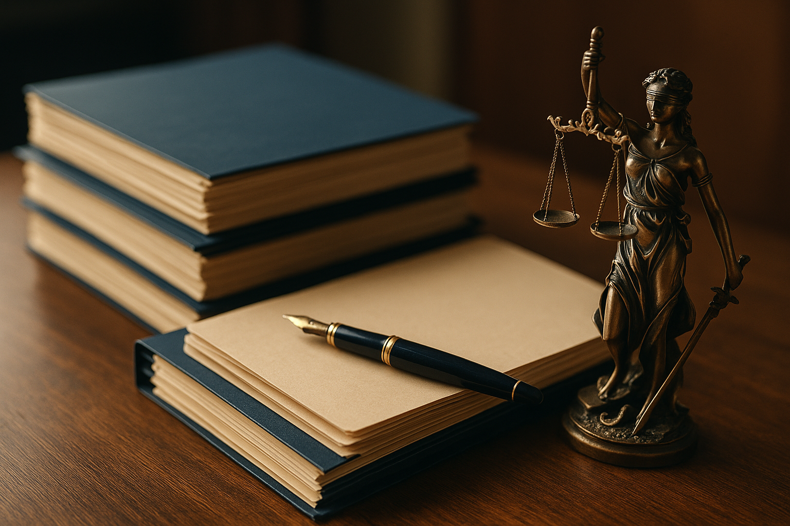 Escritorio de abogado con expedientes y balanza de la justicia en tonos navy